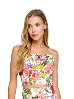 Katia Rae Floral White Pink Green Exotic Tank Vest Crop Strap Top XS
